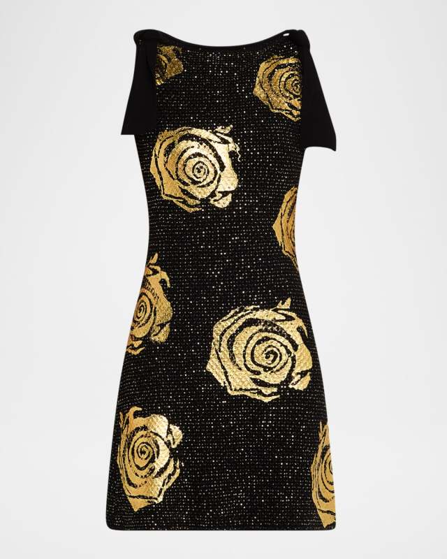 Foil Rose Tie Sleeveless Paillette Knit Mini Dress
